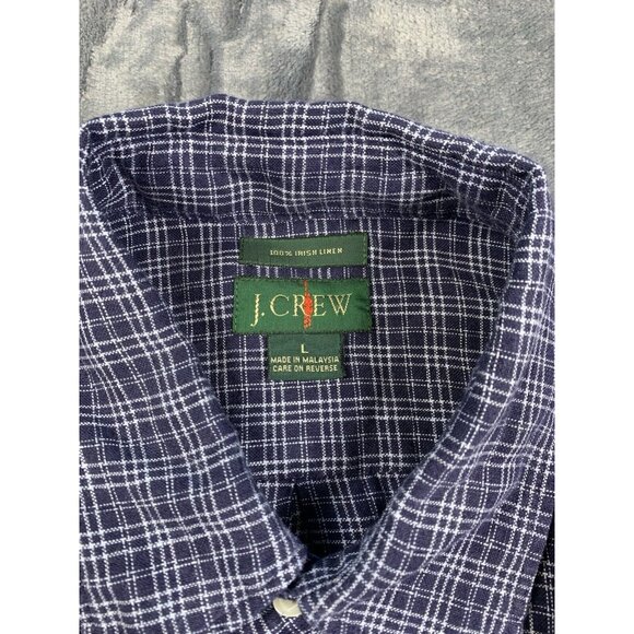 J.Crew Men's L 100% Irish Linen Navy Blue MicroCheck Button Up Casual Shirt - Picture 2 of 6